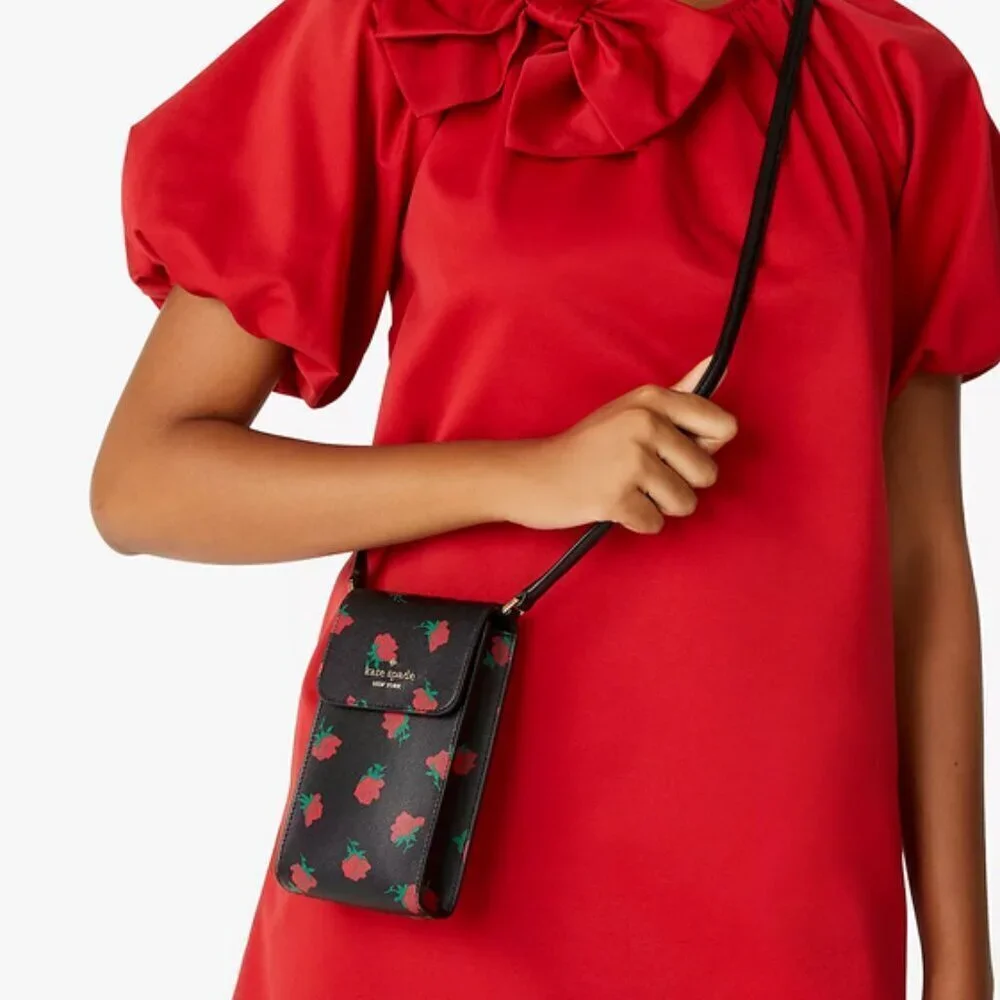 Kate Spade Madison Phone Crossbody Black Rose Toss Leather Bag NWT - Picture 3 of 8